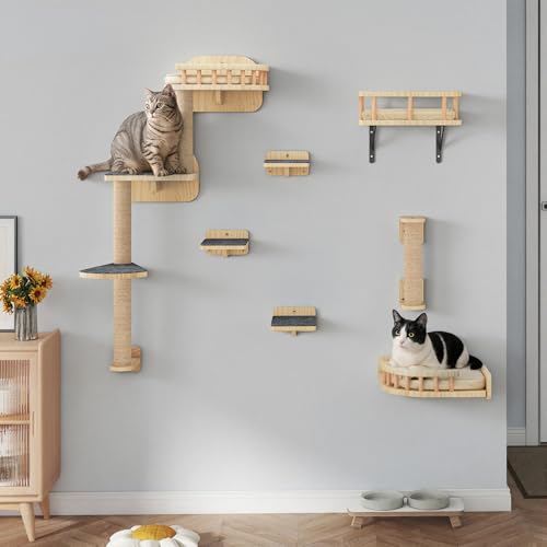TAUS Wand-Kratzbaum Set, 7-teiliges Klettermöbel aus Massivholz mit Kratzsäulen, Eck-Plattform, Kletterleiter und Schlafkorb für Katzen zum Spielen, Schlafen und Entspannen von TAUS