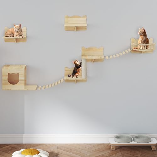 TAUS Wand-Kratzmöbel Set, 5-teilige stabile Katzenmöbel mit Katzenhaus, Schlafplatz, Plattform, Sisal-Säule und Hängebrücke für Katzen zum Schlafen, Spielen und Entspannen von TAUS