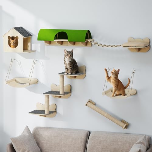 TAUS Wand-Kratzmöbel Set, Robuste Massivholz-Katzenmöbel, 7-teiliges Katzewand-Zubehör mit Katzenhaus, Hängebrücke, Katzenleiter, Hängematte und Kratzsäule für Schlafen, Spielen und Entspannen von TAUS
