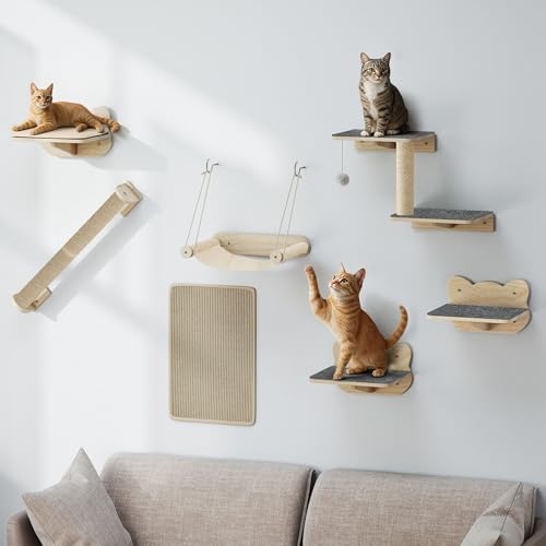 TAUS Wand-Kratzmöbel Set, Robuste Massivholz-Katzenmöbel, 7-teiliges Katzewand-Zubehör mit Katzenleiter, Kratzsäulen und Kratzbrett für Schlafen, Spielen und Entspannen von TAUS