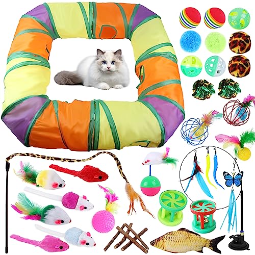 TAVADA Katzenspielzeug Set mit Katzentunnel,42pcs Katzenspielzeug mit Katzentunnel,Interaktives Katzen Spielzeug für Kätzchen,Spielzeugmäuse Spielzeug Variety Pack für Kitty Katzen von TAVADA