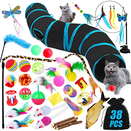 TAVADA Katzenspielzeug Set Mit Katzentunnel, 38 Stück Zubehör, Federspielzeug, Plüschspielzeug, Spielzeugmäuse Variety Pack für Kitty von TAVADA