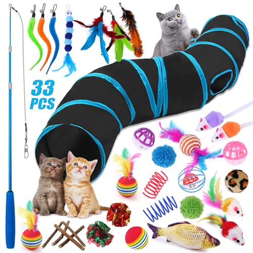 TAVADA Katzenspielzeug mit katzentunnel,33 Stück Katzen Spielzeug Set,2 Wege Katzentunnel Faltbare Katzen Tunnel,Mit Bälle,Federspielzeug,Spielzeugmäuse Katzen,Katzenminze,Fisch(122cm Lang) von TAVADA