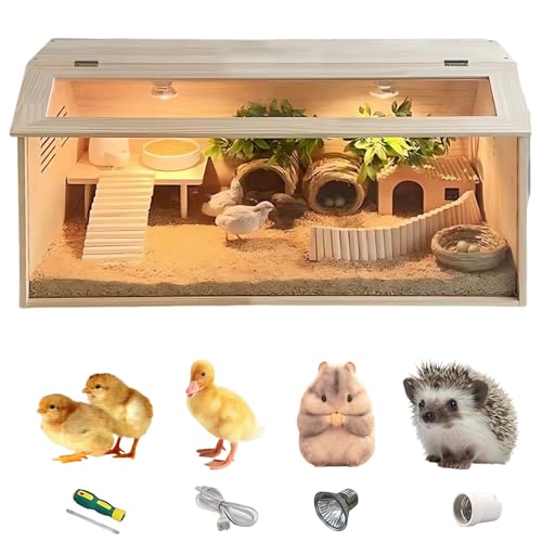 Vergnügungspark für Kleintiere​ – 60x30cm Hühnerbrutbox Holzgehege mit Heizlampe + Panoramafenster – Ideal für Küken, Laufenten, Nagetiere & Hamster von TAZZOR