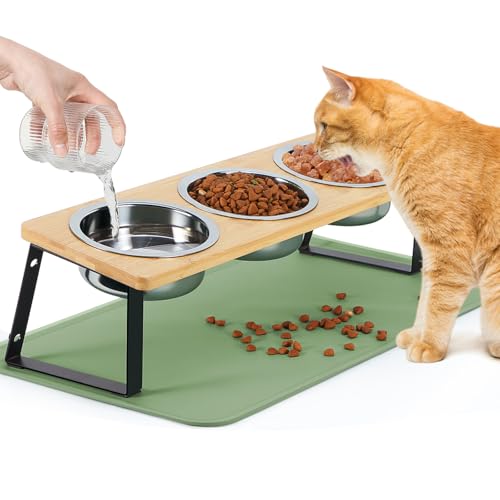 TBMax Katzennäpfe mit Ständer, 15° geneigter Edelstahl-Futternäpfe für Katzen/Hunde (3 Katzennäpfe mit Matte (grün)) von TBMax