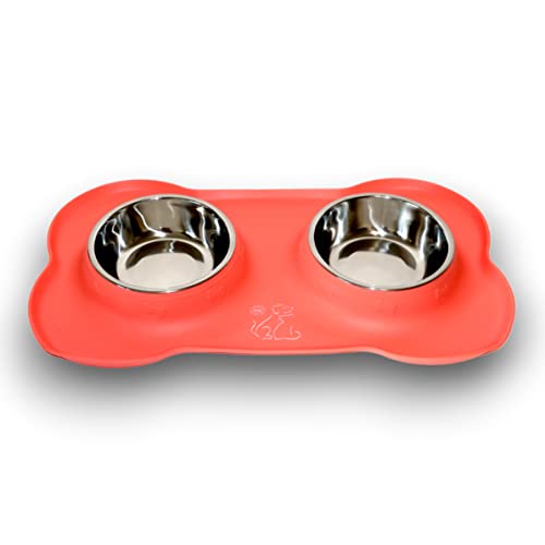 Rosa Futternapf für Hunde und Katzen mit Näpfen aus Edelstahl und rutschfester Matte aus Silikon in Knochenform von TDL