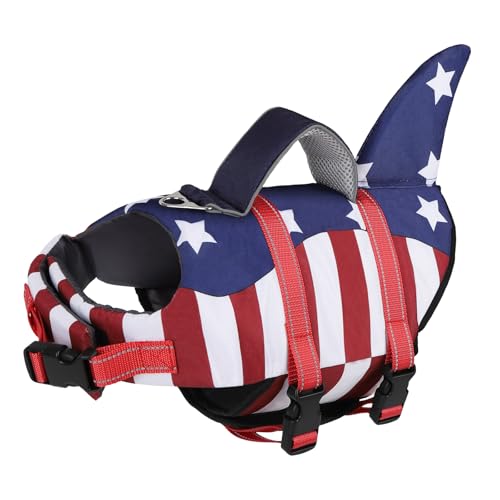 TDTOK Hundeschwimmweste, Haifischflosse, amerikanisches Flaggenmuster mit Rettungsgriff und reflektierenden Streifen, geeignet für den 4. Juli, hoher Auftrieb, Sicherheitsweste für Hunde zum Schwimmen TDTOK Hundeschwimmweste, Haifischflosse, amerikanisches Flaggenmuster mit Rettungsgriff und reflektierenden Streifen, geeignet für den 4. Juli, hoher Auftrieb, Sicherheitsweste für Hunde zum Schwimmen von TDTOK