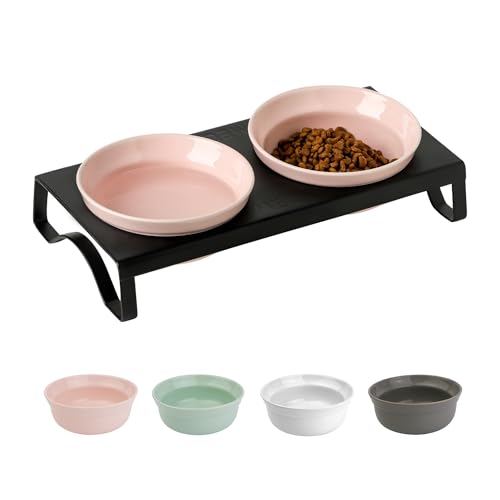 Katzennäpfe aus Keramik, 12,7 cm breit, Futter- und Wassernäpfe, erhöhte Futternäpfe mit Metallständer für Indoor-Katzen und kleine Hunde, 2 Näpfe + 1 Ständer für Nass- und Trockenfutter, Rosa Katzennäpfe aus Keramik, 12,7 cm breit, Futter- und Wassernäpfe, erhöhte Futternäpfe mit Metallständer für Indoor-Katzen und kleine Hunde, 2 Näpfe + 1 Ständer für Nass- und Trockenfutter, Rosa von TEAKISS