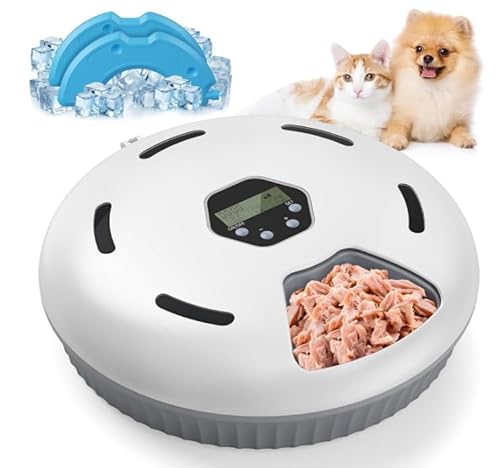Futterautomat Katze, Katzenfutter Nassfutter Automat mit Kühlung, Automatischer Futterspender Hund mit Timer, 6 Mahlzeiten für Haustiere (Batterien Nicht Enthalten) von TECKZOON
