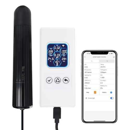 Smart 7-in-1 Aquarium-Wasserqualitätsmonitor mit WLAN, pH ORP TDS EC Salinity Temp Tester - Farbdisplay, App-Steuerung, Echtzeit-Benachrichtigungen, ATC, austauschbare Sonde, alle Tankgrößen von TEKCOPLUS