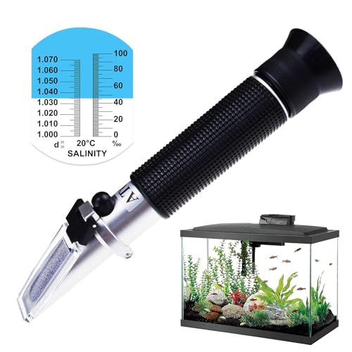 Optik Salzgehalt 0-10% Refraktometer mit ATC, Dual Scale (1.0 bis 1.070 Dichte / 0-100ppt) für Salz Meerwasser Aquarium, Marine-Industrie, mit LED-Licht und Pipetten von TEKCOPLUS