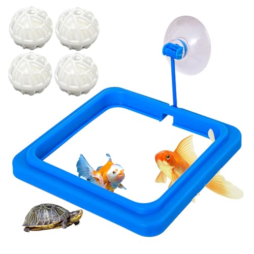 Quadratischer Futterring für Aquarien, schwimmender Ring-Futterspender mit Saugnäpfen und 4 Filterreinigungsbällen (Blau + Weiß) von TELADESHX
