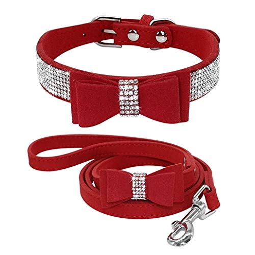 TELEYI Halsband und Leine für Hunde und Katzen, Leder, mit Strasssteinen, besetzt mit niedlichen Schleifen, für kleine Hunde und Welpen von TELEYI