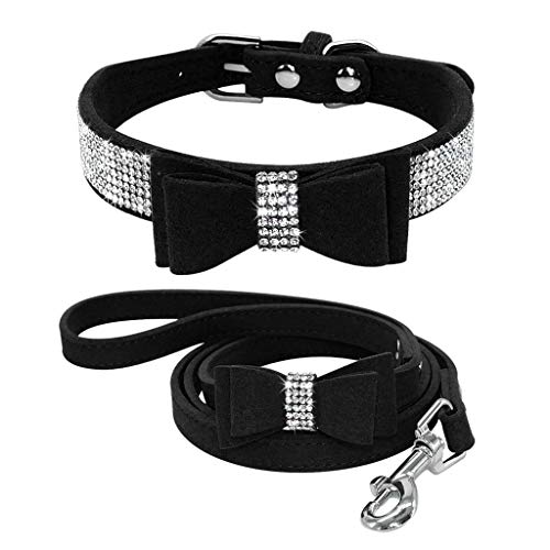 TELEYI Halsband und Leine für Hunde und Katzen, Leder, mit Strasssteinen, besetzt mit niedlichen Schleifen, für kleine Hunde und Welpen von TELEYI