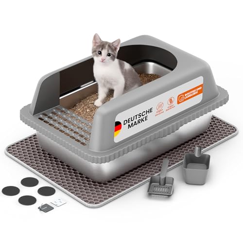 TENE® Edelstahl - Katzentoilette XXL, auslaufsicher, geruchshemmend, inkl. Schaufel & Waben - Matte, 60 x 40 x 28 cm für eine saubere und gut riechende Wohnung von TENE