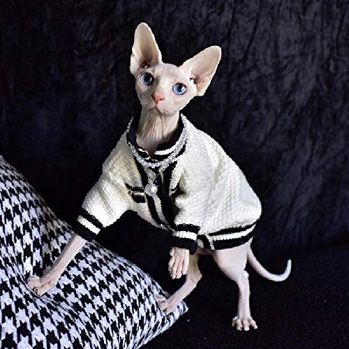 TENGTUD Haarlose Katzenkleidung, Sphynx/Devon Cat Herbst und Winter Dick gestrickter weißer Pullover-M. von TENGTUD