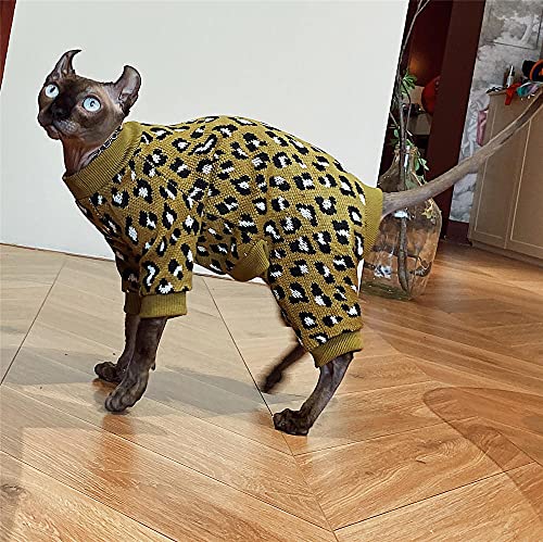 TENGTUD Haarlose Katzenkleidung für Sphynx-Katze, Leoparden-Winter-Haustierkleidung aus Reiner Baumwolle-L_Mit Ärmeln von TENGTUD
