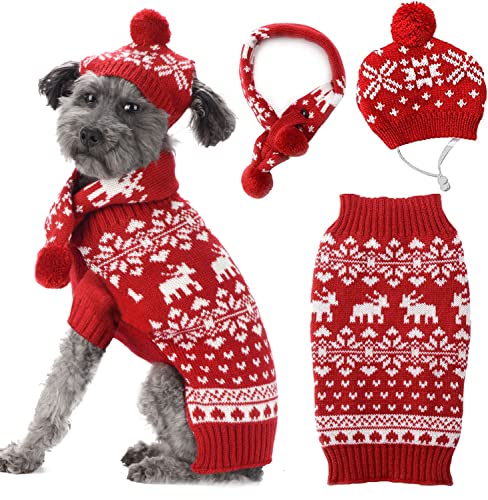 TENGZHI 3 Stück Weihnachten Hund Kostüm Anzug Haustier Hut Schal Pullover Schneeflocke Knit Outfits (Schal + Mütze + Pullover Pullover, Small) von TENGZHI