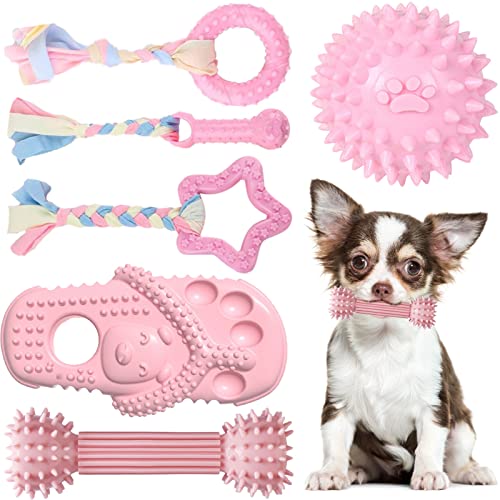 TENGZHI 6 Stück Hunde-Kauspielzeug zum Zahnen von Welpen, weicher Gummi, lustige Hausschuhe, Ball, Donut, Reinigung der Zähne, interaktives Haustier-Hundespielzeug-Set (Rosa) von TENGZHI