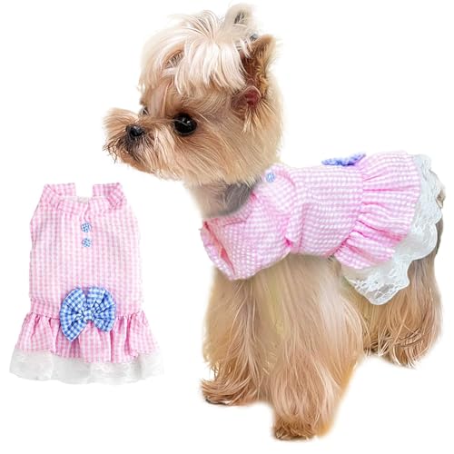 TENGZHI Hundekleid Plaid Hundekleid mit Schleife XSmall Hundebekleidung Hund Katze Sommer Blau Rosa Kleidung für Kleine Mittlere und Große Hunde Mädchen XS-XXL von TENGZHI