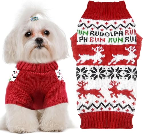 TENGZHI Hundepullover, Weihnachtsoutfits, Kostüm, Welpen, Katze, Winter, warm, Strickwaren, Pullover, Sweatshirt, Haustierkleidung (laufendes Rentier), Größe S von TENGZHI