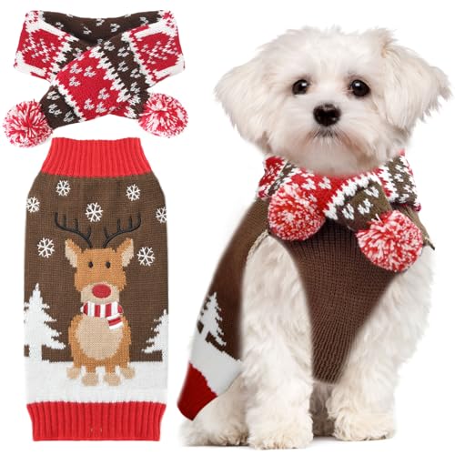 TENGZHI Ugly Christmas Dog Sweater Set for Small Medium Dogs Knitted Reindeer Pet Clothes Jumper with Scarf Xmas Dog Accessories Apparel,L von TENGZHI