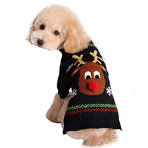 TENGZHI Weihnachts-Hunde-Kostüme, gestrickter Haustier-Hund, Weihnachtspullover, Rentier, Urlaub, Haustierkleidung, Pullover für kleine, mittelgroße und große Hunde, Katzen (XXL, schwarzes Rentier) von TENGZHI