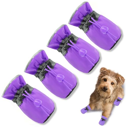 TEOZZO Hundeschuhe, Hundeschuhe und Pfotenschutz, rutschfeste Sohle, Winter-Hundeschuhe mit reflektierenden Riemen, Schneestiefel für kleine und mittelgroße Hunde, 4 Stück, Lila, 7v1 von TEOZZO