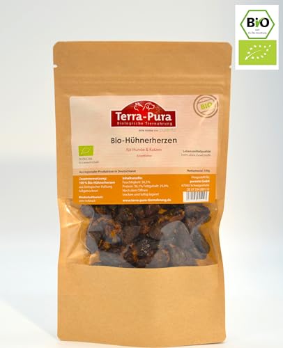 Terra-Pura Premium Snack für Hunde & Katzen, Bio-Hühnerherzen 100g - getrocknet & mit Taurin - Hundeleckerli & Katzenfutter - Tiernahrung von TERRA-PURA Tiernahrung