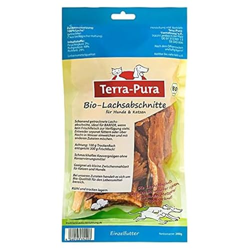 Terra-PURA Hunde & Katzenfutter Bio-Lachsabschnitte 200g – Premium Hundefutter aus luftgetrocknetem Lachsfleisch, wenig Fett, BARFER geeignet, Trainingsleckerlis - Trockenfutter für Hunde & Katzen von TERRA-PURA Tiernahrung
