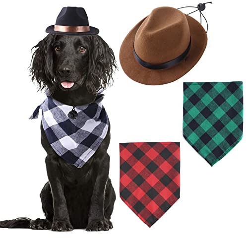 5 Stück Cowboyhut für Hunde, Fedora, Büffelkariert, Hundehalstuch, Dreiecksschal, lustige Kostüm-Dekoration für kleine, mittelgroße und große Hunde (Braun&Schwarz) von TESSVEYA