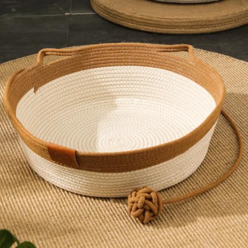 Katzenbett Katzenkorb aus Rattan, Rund Katzenkorb mit Katzen Spielzeug, Katzenkörbchen zum Schlafen für Alle Katze, Waschbar Langlebig Katzenbett Katzenhöhle, All Season Universal (Braun, 47 cm) von TETSMG