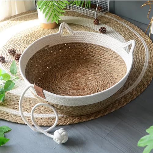 Katzenbett Katzenkorb aus Rattan, Rund Katzenkorb mit Katzen Spielzeug, Katzenkörbchen zum Schlafen für Alle Katze, Waschbar Langlebig Katzenbett Katzenhöhle, All Season Universal (Weiß, 47 cm) von TETSMG