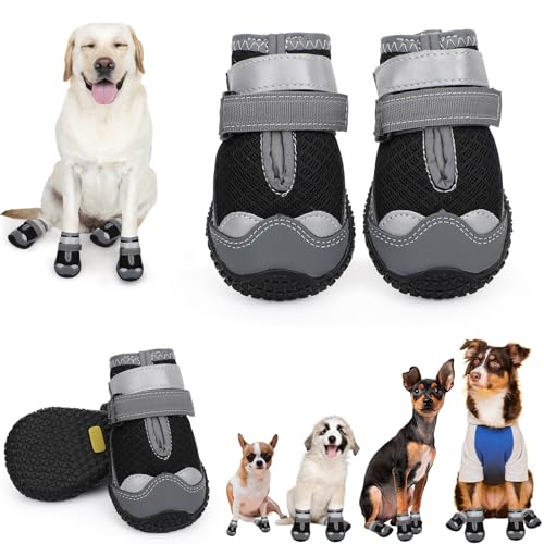 TEWIWAP Hundeschuhe für große, kleine, mittelgroße Hunde, Hundestiefel und Pfotenschutz mit reflektierenden Streifen, für Outdoor, Winter, Schnee, Wandern, heißen Gehweg, Hartholzböden (Schwarzgrau von TEWIWAP