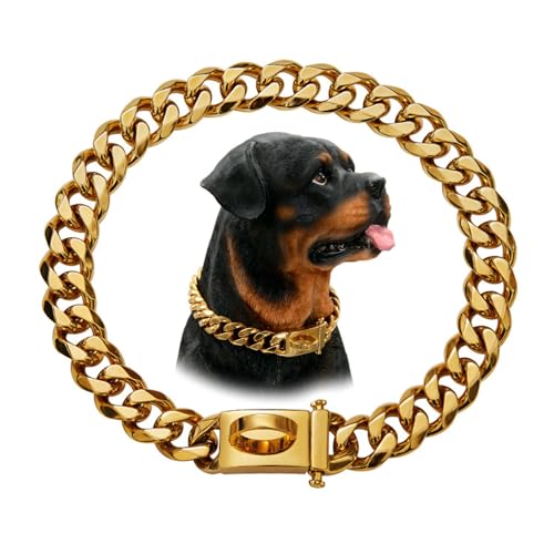 Goldketten Hundehalsband, Kubanisches Gliederglied FüR Hunde Mit Sicherheitsdesign Schnalle,15mm Metall Edelstahl Gehhalsband, Edelstahl Hundehalsband FüR MittelgroßE Hunde(Size:10in,Color:Gold) von TEXHAS