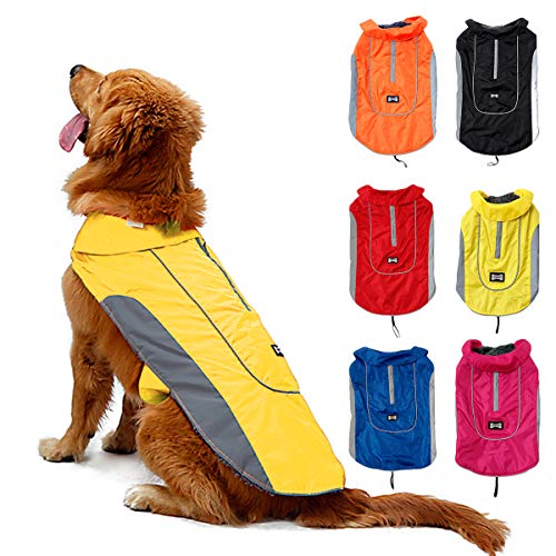 TFENG Reflektierend Hundejacke Brust 62-74cm, Rückenlänge 45cm Wasserdicht Hundemantel Warm gepolstert Puffer Weste Welpen Regenmantel mit Fleece (Größe XL, Gelb) von TFENG