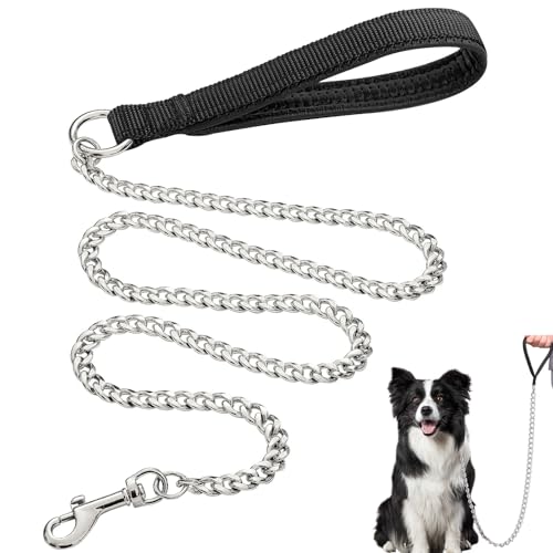 Hundekette, 1.8m Lange Hundeleine Bissfeste Haustierleinenkette Metall Kettenleine Kette mit Gepolstertem Griff für Große Mittlere Hunde (Silber) von TFLPUO
