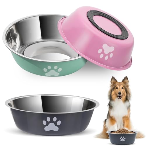 Hundenapf Edelstahl, 3 Stück Hund Napf Futternapf Wassernapf Hundeschüssel Fressnapf Set mit Rutschfestem Gummi für Kleine Hunde Katzen (860ml) von TFLPUO