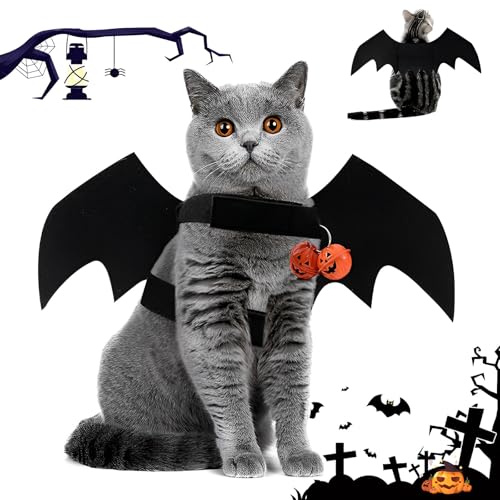TFSZE Haustier Fledermausflügel, Hund Haustier Halloween Kostüm Mit 2PCS Pumpkin Bell,Einstellbar Ca. 6 cm Katzenkostüm, Niedlich Halloweens Kostüm, Für Schwarze Halloween Nacht Party-Größe M von TFSZE