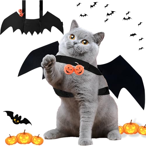 TFSZE Haustier Fledermausflügel, Hund Haustier Halloween Kostüm Mit 2PCS Pumpkin Bell,Einstellbar Ca. 6 cm Katzenkostüm, Niedlich Halloweens Kostüm, Für Schwarze Halloween Nacht Party-Größe S von TFSZE