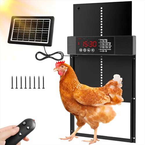 TGFIX Automatische Hühnerklappe Solar mit Fernbedienung LCD Display Lichtsensor & Timer Intelligenter Hühnerstall Tür Zubehör Hühnerklappe Elektrisch Hühnertür Automatisch Aluminium (IP45) von TGFIX