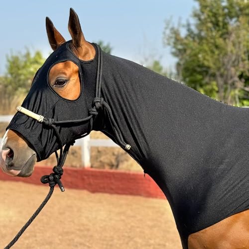 Pferdekapuze Slinky Lycra mit Reißverschluss, Mähnengeflecht, Schulterschutz, 1 Stück, Schwarz, Größe M von TGW RIDING