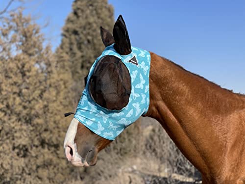 TGW RIDING Fliegenmaske für Pferde, super bequem, elastische Fliegenmaske mit Ohren (L, blauer Schmetterling) von TGW RIDING
