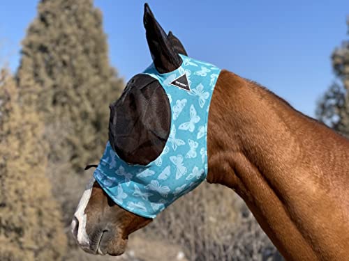 TGW RIDING Fliegenmaske für Pferde, super bequem, elastische Fliegenmaske mit Ohren (M, blauer Schmetterling) von TGW RIDING
