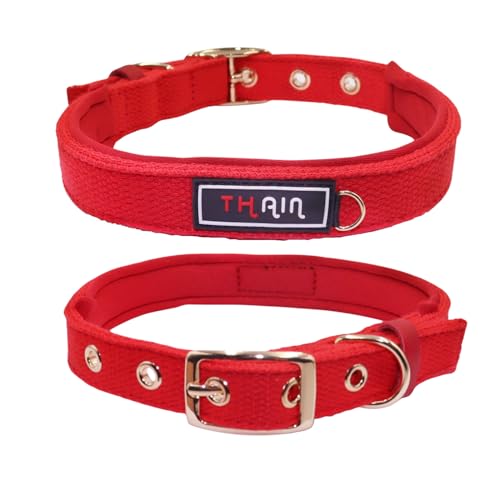 THAIN Hundehalsband, fünf Löcher, goldfarbene Metallschnalle, weiches, bequemes Baumwollgewebe mit Neoprenfutter, passend für mittelgroße Hunde (Rot, M) von THAIN