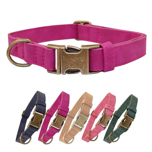 THAIN Hundehalsband aus weichem Leder, robuste Metallschnalle, gepolstert, Schnellverschluss, verstellbares Haustierhalsband für kleine, mittelgroße und große Hunderassen (L, Hot Pink) von THAIN