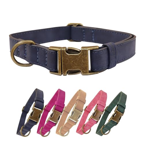 THAIN Hundehalsband aus weichem Leder, robuste Metallschnalle, gepolstert, Schnellverschluss, verstellbares Haustierhalsband für kleine, mittelgroße Hunderassen (M, Dunkelblau) von THAIN