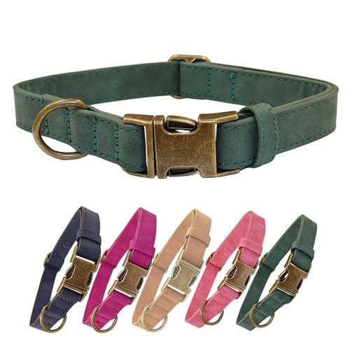 THAIN Hundehalsband aus weichem Leder, robuste Metallschnalle, gepolstertes Hundehalsband, Schnellverschluss, verstellbares Haustierhalsband für kleine, mittelgroße Hunderassen (M, Dunkelgrün) von THAIN