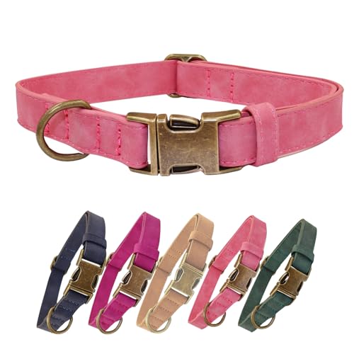THAIN Hundehalsband aus weichem Leder, robuste Metallschnalle, gepolstertes Hundehalsband, Schnellverschluss, verstellbares Haustierhalsband für kleine Hunderassen (S, Rosa) von THAIN