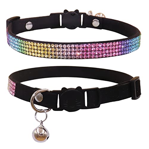 THAIN Katzenhalsband, Regenbogen-Strasssteine, mit Glöckchen, weicher Samt, Schnellverschluss, Schwarz von THAIN